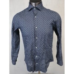 Gutteridge Linen Button Up Front Dress Shirt Size 15 1/2 Blue Red Geometric